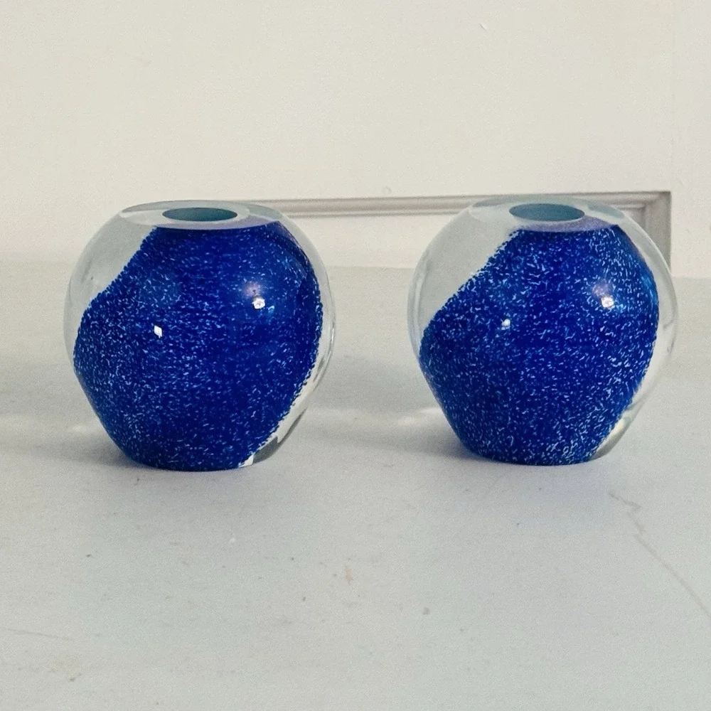 2 Lenox‎ Undersea Paradise Votive Crystal Blue Swirl Dolphin, Made in Scotland